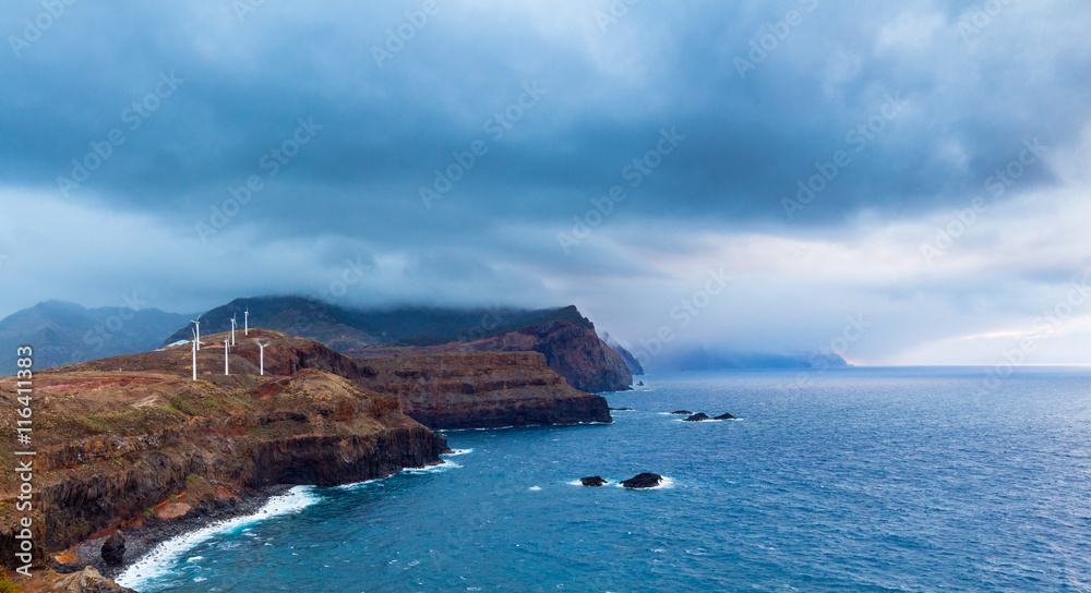 Fantastic view of the dark overcast sky. Dramatic and picturesque evening scene. Madeira, Portugal.