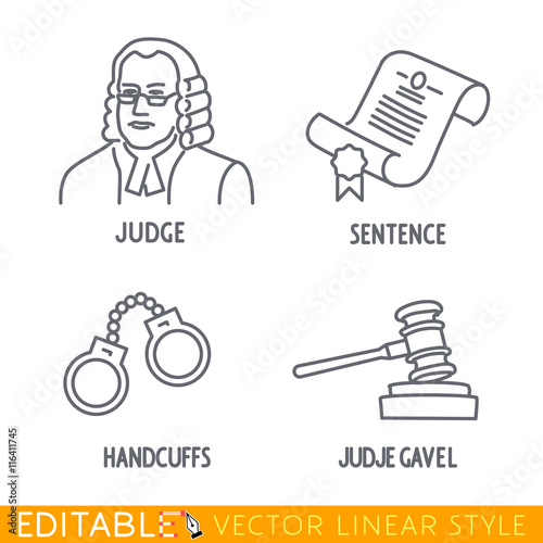 Law icon set include Jude Sentence Handclufs Jude gawel. Editable vector icon in linear style.