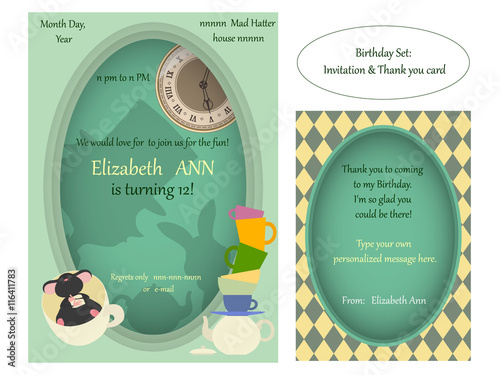 Alice in Wonderland. Mad tea party Birthday Invitation. Retro illustration.