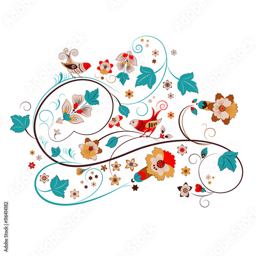Russian ornament, flowers and birds