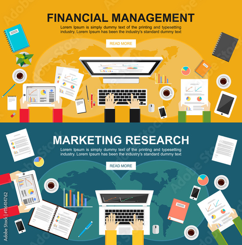 Banner for financial management and marketing research. Flat design illustration concepts for finance, business, management, analysis, teamwork, 