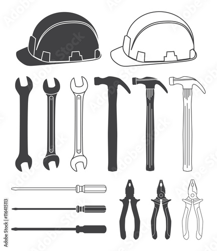 Wrench, hammer, screwdriver, safety helmet and pliers thin line