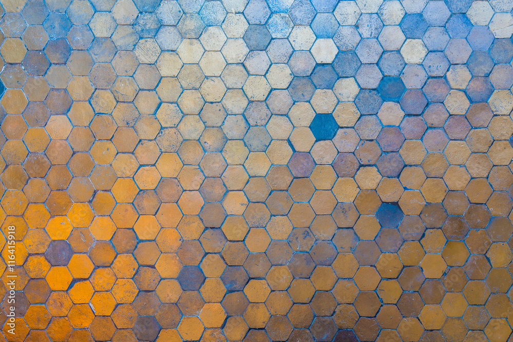 Golden and blue hexagon blocks on the floor. Abstract background - obrazy, fototapety, plakaty 