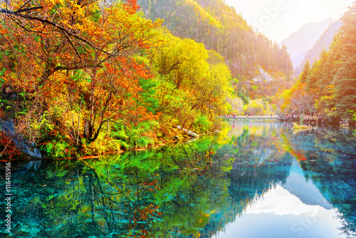 Fototapeta Naklejka Na Ścianę i Meble -  The Five Flower Lake. Autumn woods reflected in water