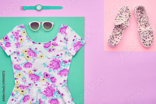 Fashion. Clothes Accessories fashion Set. Stylish woman dress, accessories, Glamor Sunglasses, Trendy Wrist Watches Gumshoes. Summer fashion Outfit, accessories. Essentials, fashion Overhead. Minimal