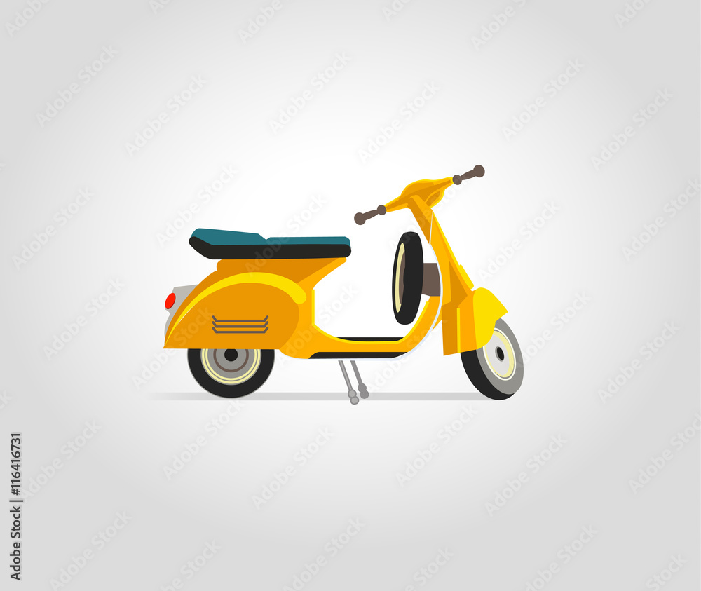 poster with yellow skooter in flat style on grey background