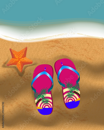 slippers and seastar on a sandy beach