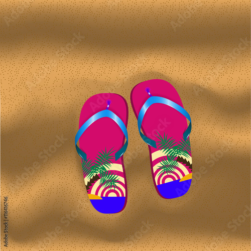 slippers with a picture of palm trees and sunset on a sandy beac