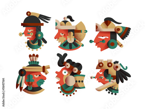 set of aztec heads for chocolate package design in flat style wi