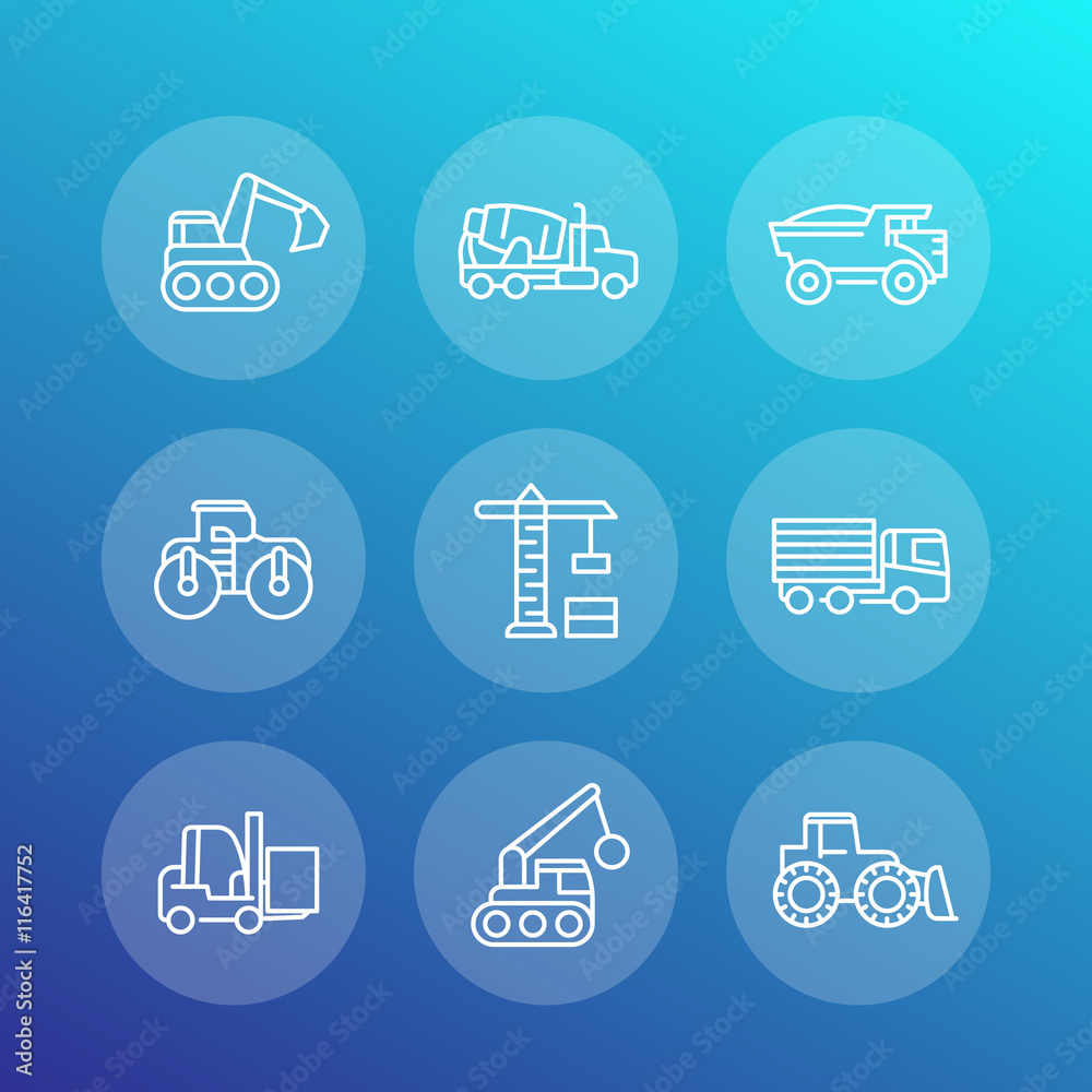 construction vehicles line icons set, heavy machines, engineering equipment, digger, crane, trucks, excavator, loader construction vehicles line icons set, heavy machines, engineering equipment, digger, crane, trucks, excavator, loader