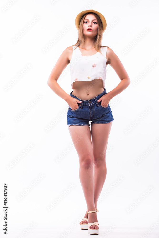 Portrait of beutiful girl ready for summer travel on white Portrait of beutiful girl ready for summer travel on white