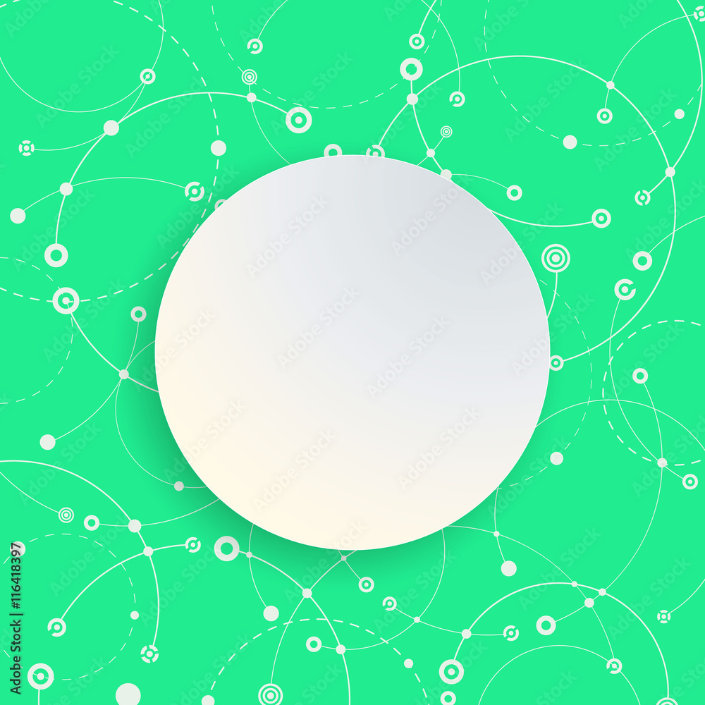 Colorful background with a round banner. Empty space for text. The chaotic motion of the molecular structure. Theme of medicine, science, technology, global communications. Vector. Colorful background with a round banner. Empty space for text. The chaotic motion of the molecular structure. Theme of medicine, science, technology, global communications. Vector.