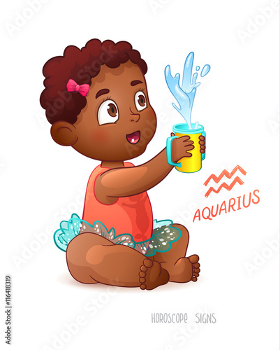 Zodiac sign Aquarius. African American Cute Girl Enjoys Splashes in Feeding Cup. Water Game