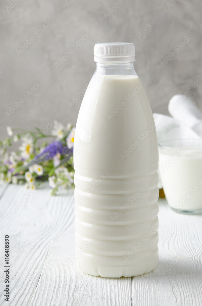 Milk in the bottle. Farm milk in a glass. Package.