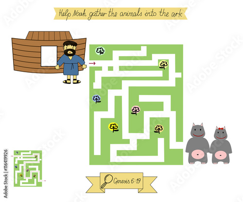 Homework for kids. Maze to Help Noah gather animals into the ark. Genesis - flood.
