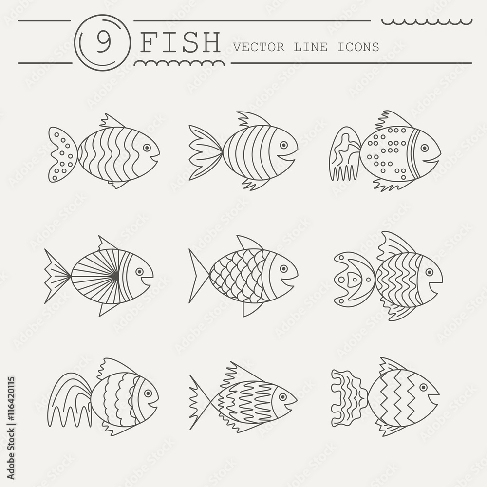 Set of icons with fish. Vector
