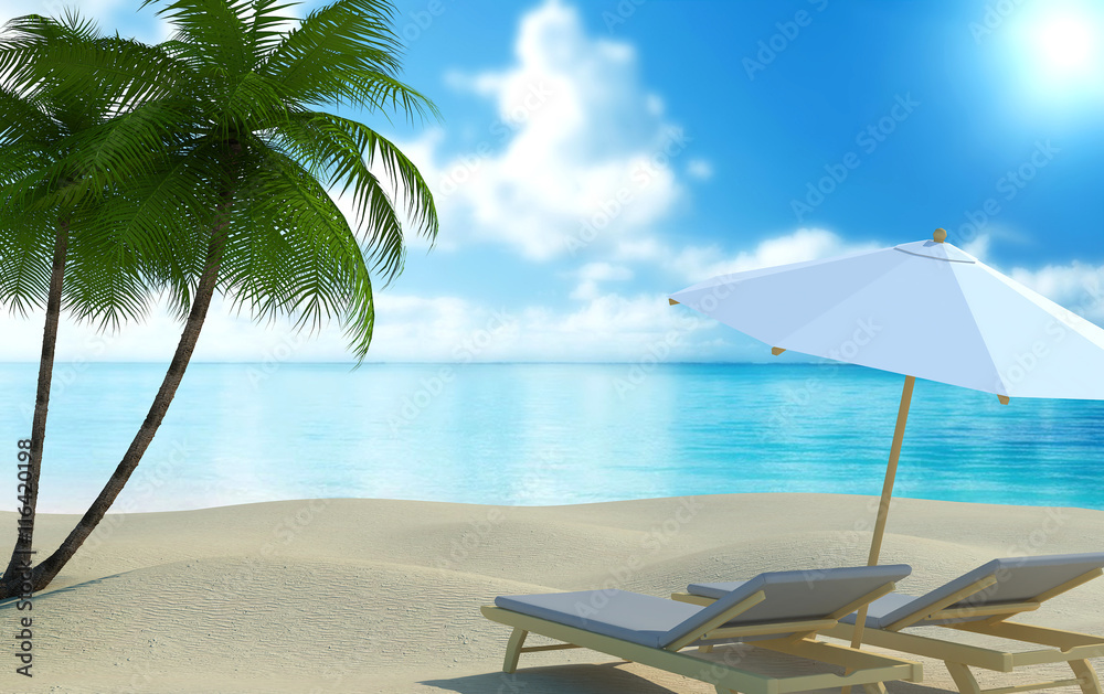 3D rendering, Beach chairs on sand beach with blurred blue sky background.