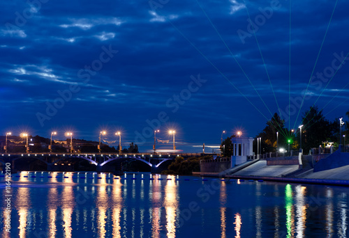 Fényképezés Beautiful view at night illuminated with blue light. Vinnytsia.