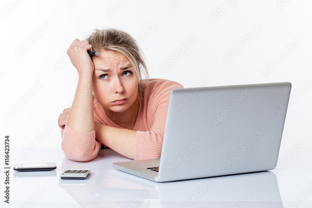 disillusioned blond girl blowing out her cheeks about her career disillusioned blond girl blowing out her cheeks about her career