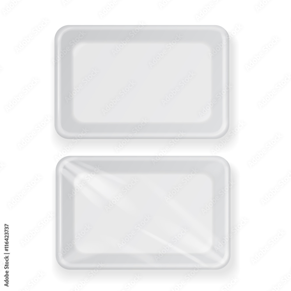 White empty plastic food container . Packaging for meat, fish and vegetables White empty plastic food container . Packaging for meat, fish and vegetables