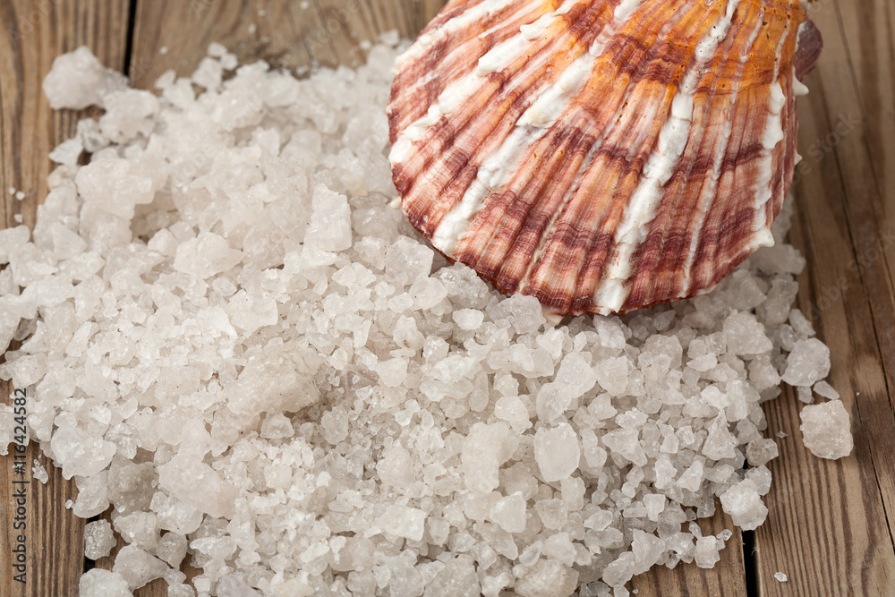 sea salt and shell on a wood sea salt and shell on a wood