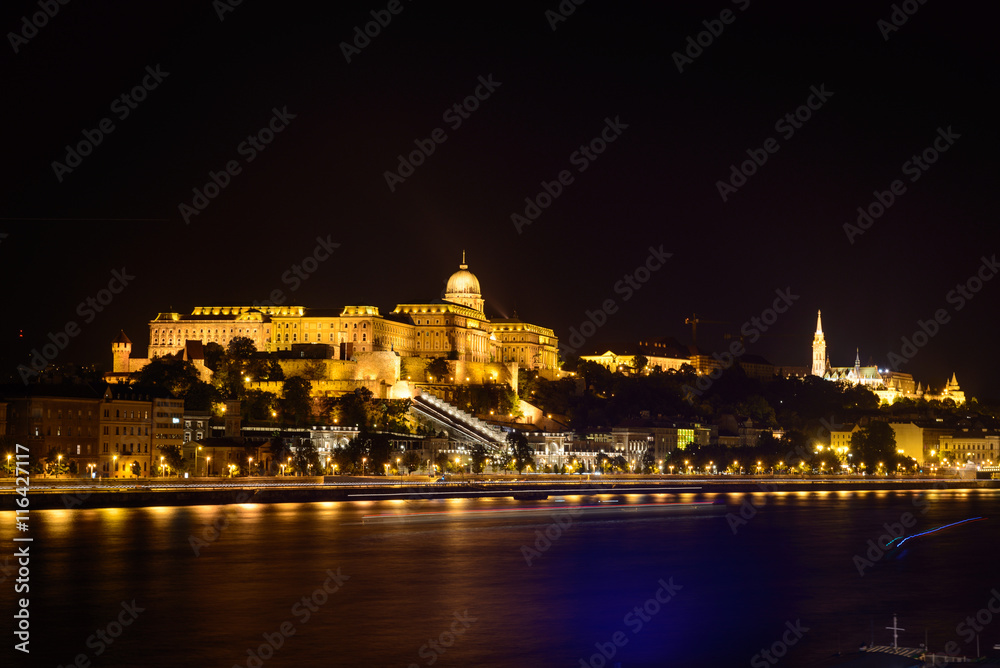 Budapest Castle at night from danube river, Hungary