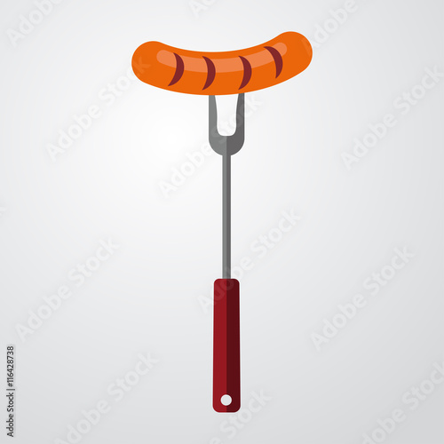 Icono plano tenedor de cocina con salchicha color sobre fondo degradado gris 