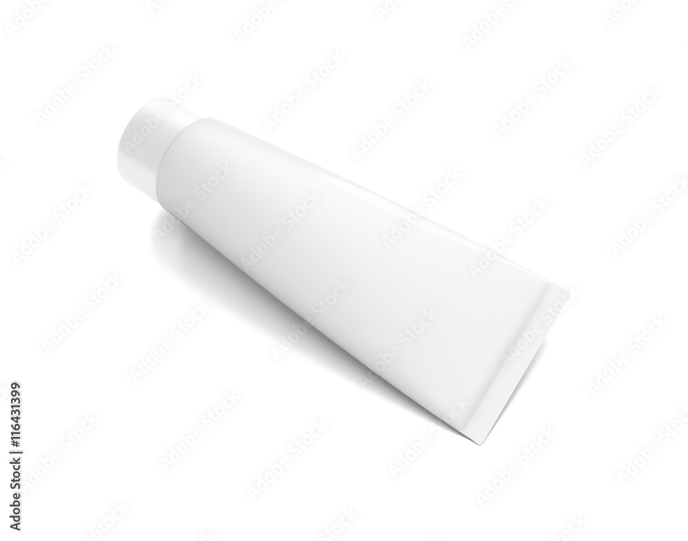 White horizontal cosmetic cream tube from top front angle. White horizontal cosmetic cream tube from top front angle.