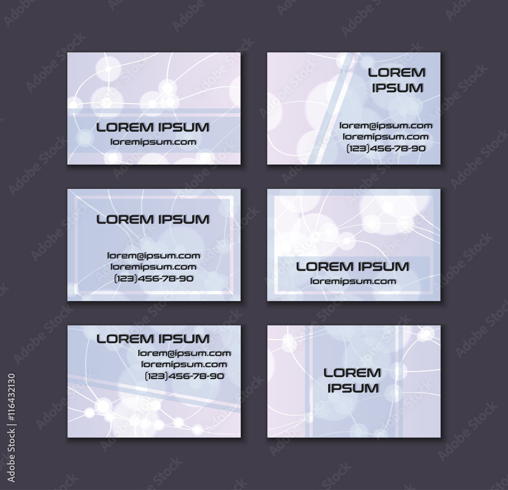 Business card collection. Abstract shining glow decorative elements with transparent layout