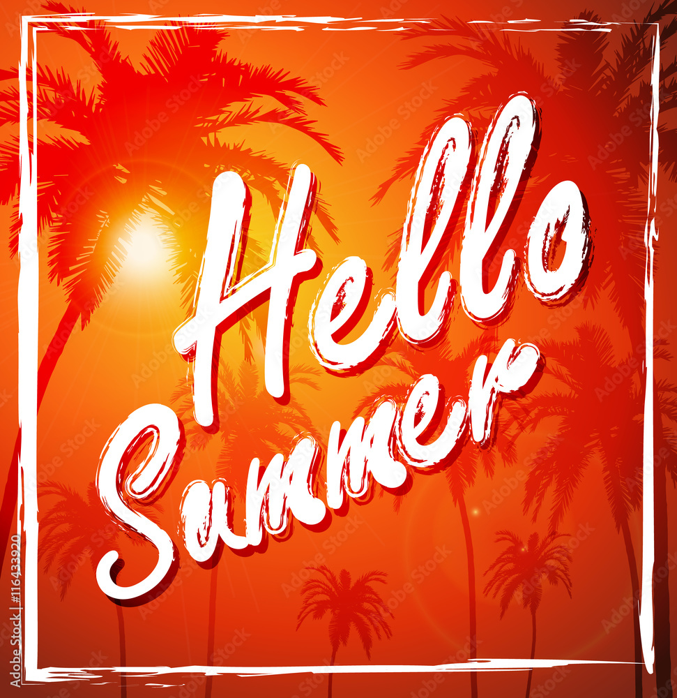 Hello summer background with Tropical palm beach