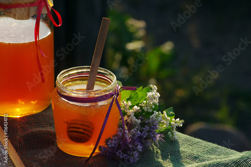 Honey in a glass jars and bee honeycombs with flowers melliferous herbs against flowers and greens. Honey with flowers. photo