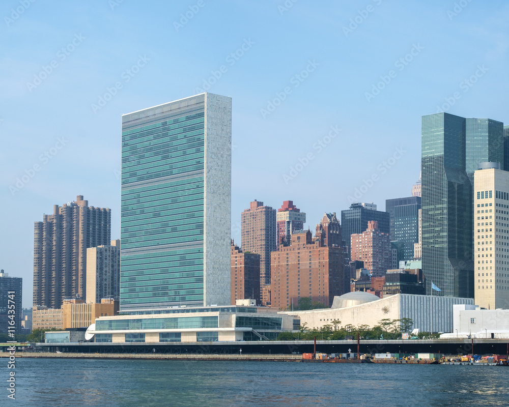 UN United Nations headquarters complex as seen from Roosevelt Is