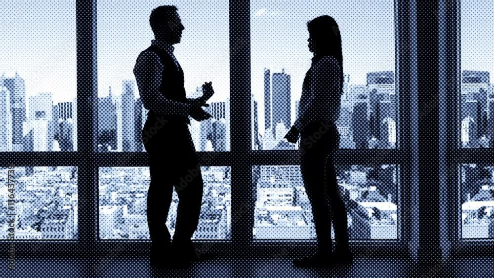 business people background. city skyline window view. man and women talking business people background. city skyline window view. man and women talking