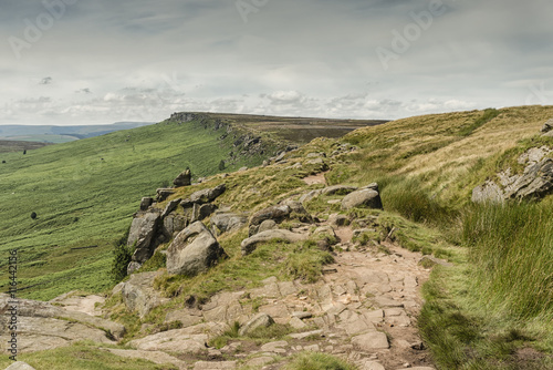 Magnificent landscape of rock formations and moorland at Stanage Edge in the Peak District in Derbyshire, a stunning area of great natural beauty covering 555 square miles across central England