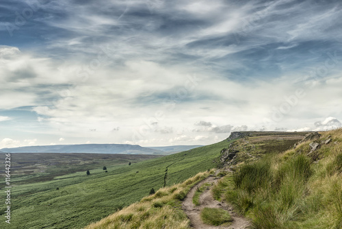 Magnificent landscape of rock formations and moorland at Stanage Edge in the Peak District in Derbyshire, a stunning area of great natural beauty covering 555 square miles across central England photo