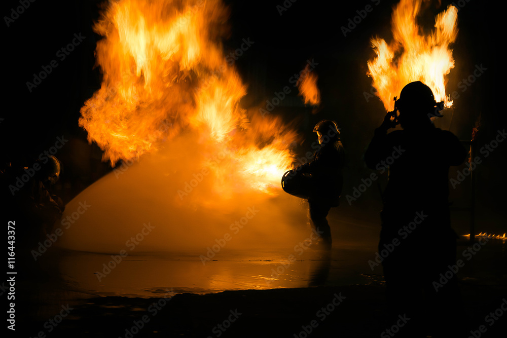 Man in fire show after Firefighters training, Rehearse of firefighters from cooking.