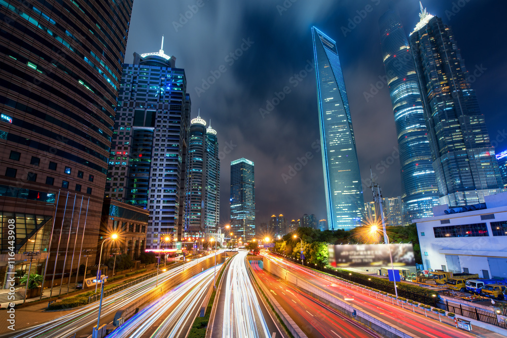 Shanghai traffic at night in Lujiazui business center, Shanghai,