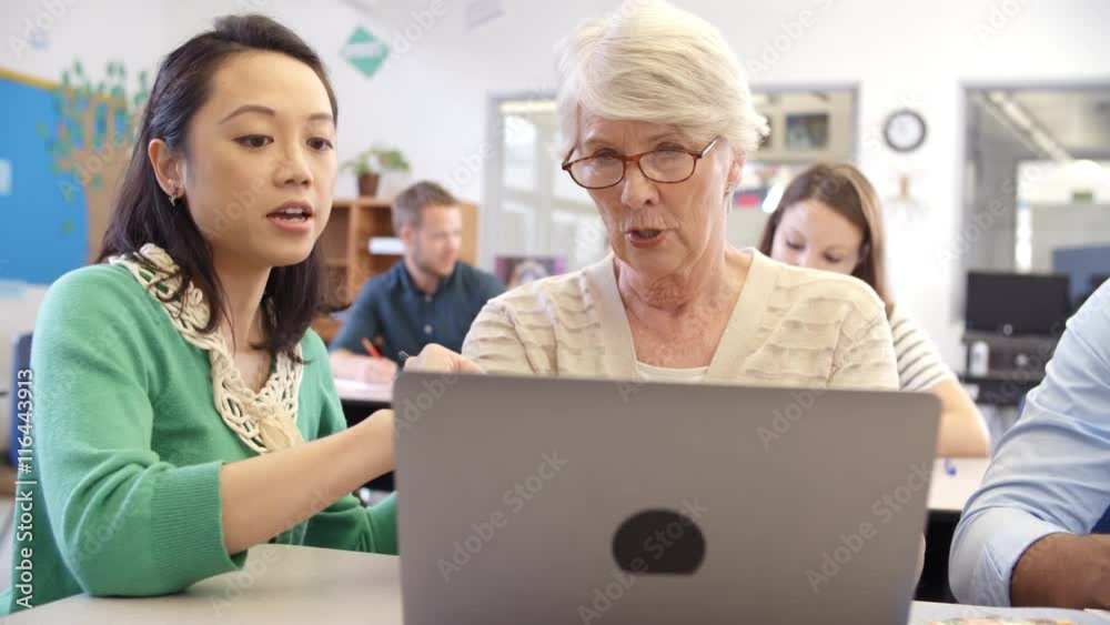 Teacher and senior pupil use laptop in adult education class Teacher and senior pupil use laptop in adult education class