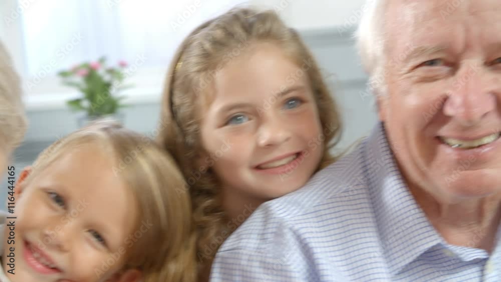 Portrait Of Children With Grandparents At Home, Slow Motion Portrait Of Children With Grandparents At Home, Slow Motion