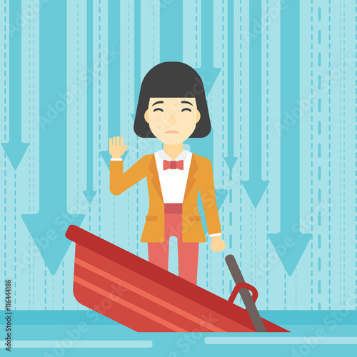 Business woman standing in sinking boat.
