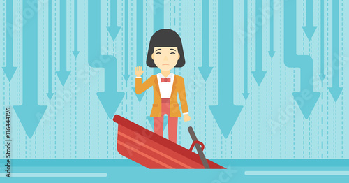 Business woman standing in sinking boat.