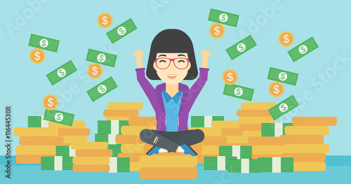 Happy business woman sitting on coins.