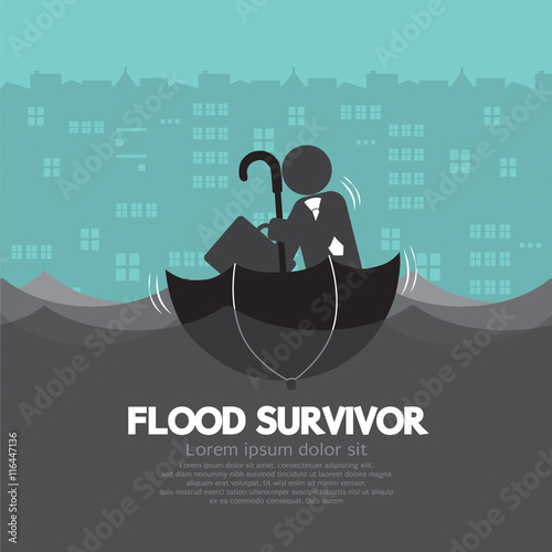 Businessman Sit In The Up Side Down Open Umbrella Flood Survivor Vector Illustration.
