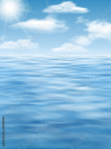 Sky with clouds, sun and water surface. Vector realistic nature background. Seascape.