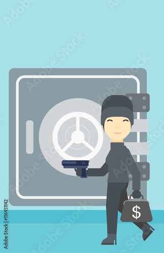 Burglar with gun near safe vector illustration.