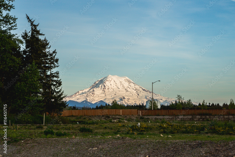 Beautiful view of Rainier mountain and blue sky  in spring.