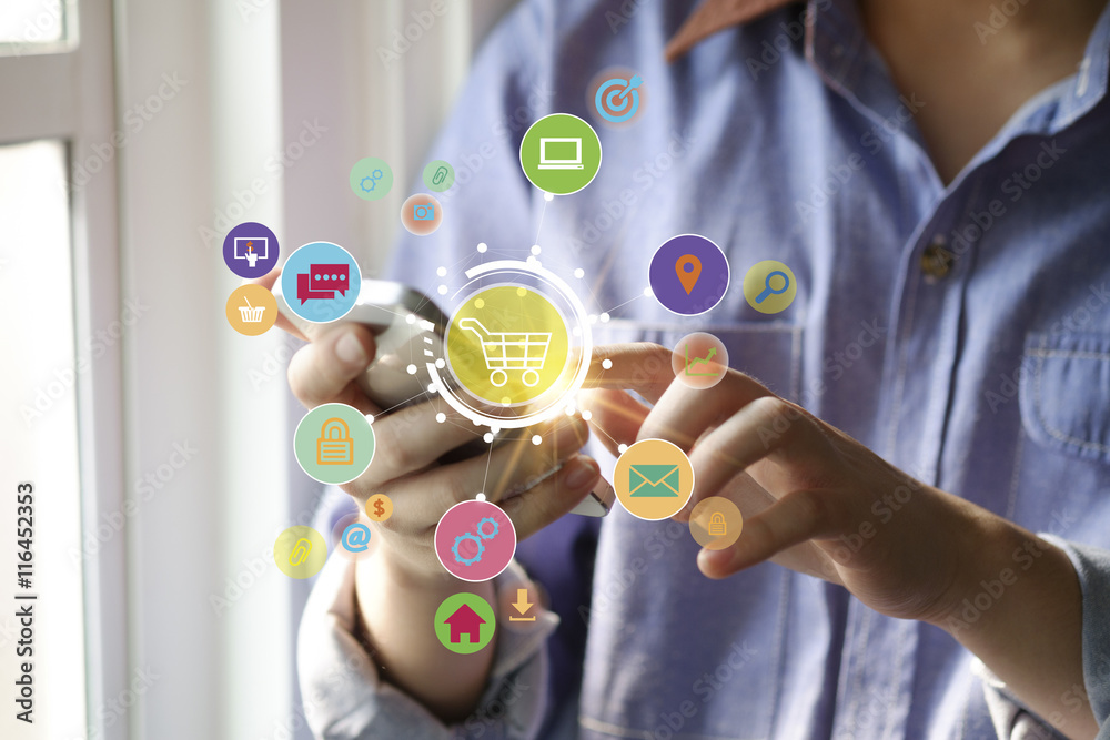 shopping cart with application software icons on mobile , busine shopping cart with application software icons on mobile , busine
