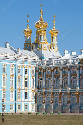 The domes of the resurrection Church of the Catherine Palace, sunny april day. Tsarskoye Selo, Russia