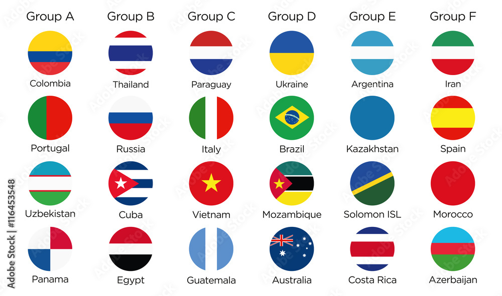 Gruppen Symbole aller Futsal Teilnehmerländer der Weltmeisterschaft 2016 in Kolumbien