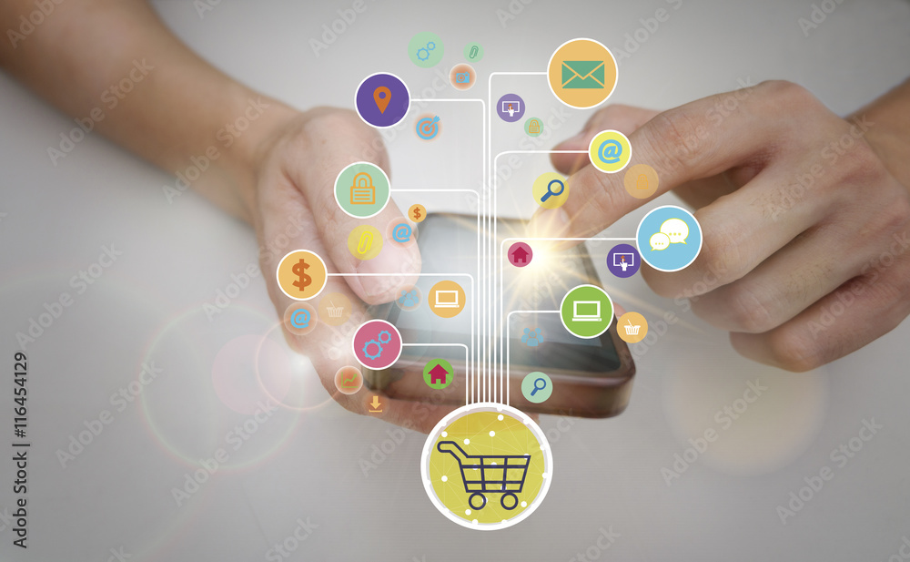 shopping cart with application software icons on mobile shopping cart with application software icons on mobile
